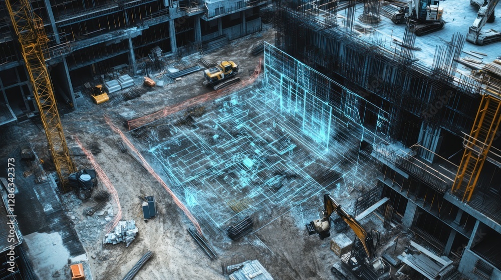 Poster aerial view of construction site with digital building blueprint overlay.