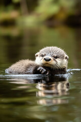 Otter floating on its back in a calm river
