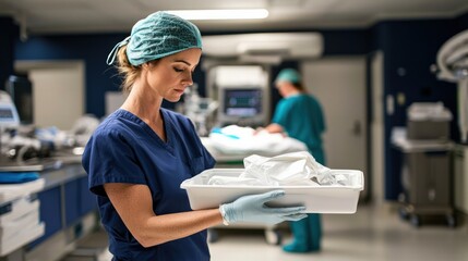 Obraz premium Nurse in Medical Scrubs Holding Tray of Supplies in a Hospital Operating Room