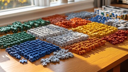 Colorful Puzzle Pieces on Wooden Table