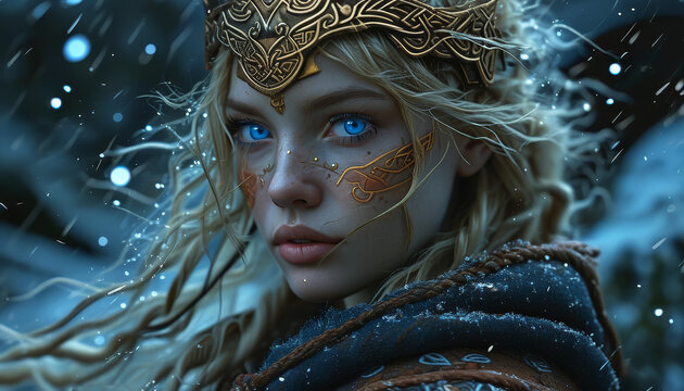 Female Viking goddess, mysterious Celtic gods of night casting magic in the moonlight, snow storm, blue eyes, female Viking warrior, shield maiden, strong woman