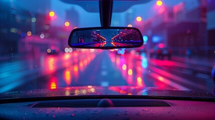 Rear view mirror of a car reflecting vibrant city lights at night with a wet windshield adding to the urban atmosphere