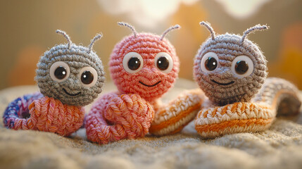Cute Crochet Ant Family, Adorable 3D Render - Whimsical characters