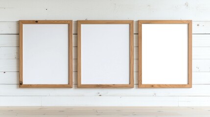 Fototapeta premium Three blank frames on wooden wall mockup