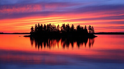 Obraz premium Calm Lake Reflection at Sunset with Silhouette of Island Trees