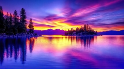 Fototapeta premium Dramatic Sunset Sky Reflection on Mountain Lake with Trees and Island