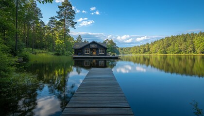 Fototapeta premium Picturesque lake house with a rustic dock stretching into the calm water, surrounded by forested landscape, clear skies, peaceful reflections, highdefinition nature scene