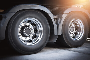 Truck Wheels Tires. Big rig, Trailer Truck Wheels. Freight Truck Logistics Transportation.