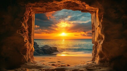 Dramatic Sunset at Beach Viewed From Cave Opening with Golden Light
