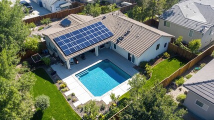 Aerial View of a Modern House with Solar Panels and Pool