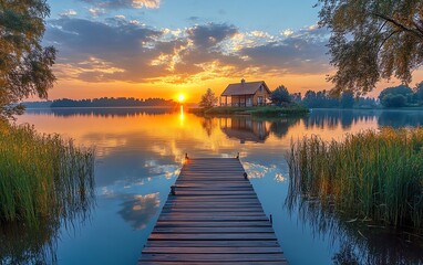 Obraz premium Stunning lake house with a charming dock, nestled on a calm lake, golden sunset reflecting off the water, serene nature backdrop, vibrant and peaceful, highdefinition detail