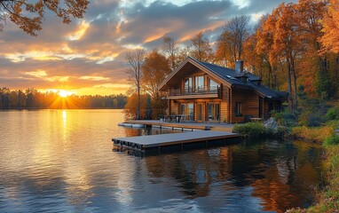 Fototapeta premium Stunning lake house with a charming dock, nestled on a calm lake, golden sunset reflecting off the water, serene nature backdrop, vibrant and peaceful, highdefinition detail