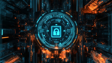 Futuristic Cyber Security System Digital Lock Interface with Neon Lights and Data Stream