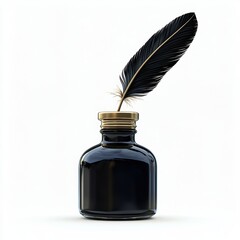 Feather quill and ink bottle isolated on white background