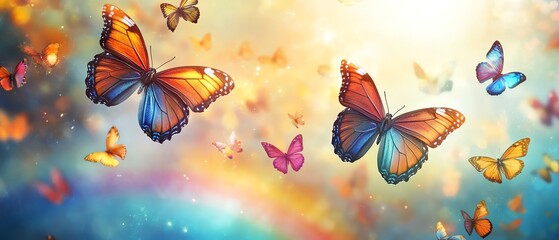 Vibrant butterflies fluttering around a stunning rainbow