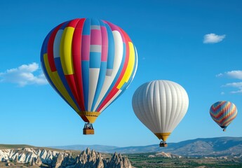 Naklejka premium Three hot air balloons, multicolored, white, and rainbow striped, ascend against a vibrant blue sky over a landscape of rolling hills and rock
