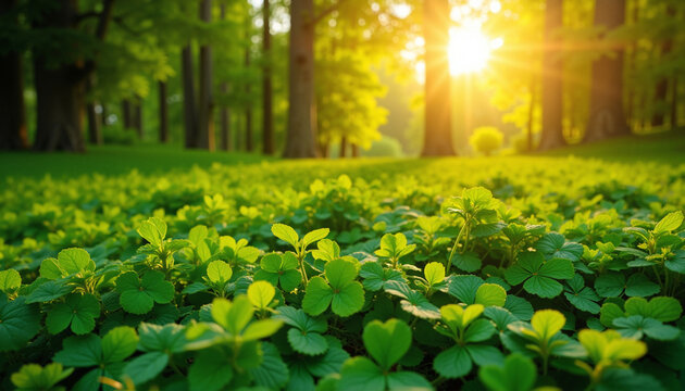 Sunlit lush clover field in forest, St. Patrick&rsquo;s Day, vibrant greenery, copy space