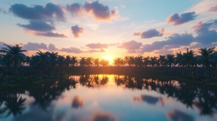 Naklejka premium Palm Trees Silhouette at Sunset Reflecting on Calm Lake Water