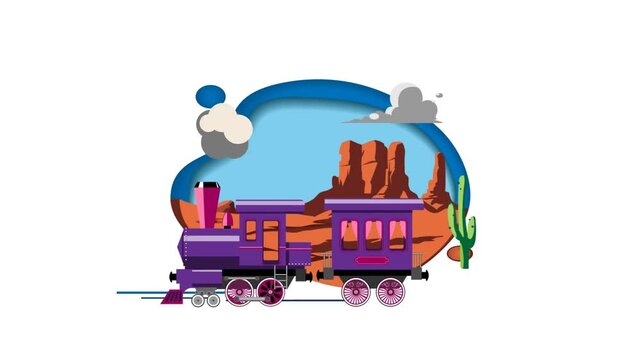 Steam locomotive moving against the background of a desert landscape. Icon. Flat looped animation.