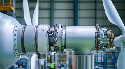 Clean technology in action: detailed view of wind turbine assembly.