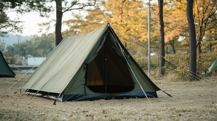 A-frame olive green tent pitched in autumnal woodland campsite.