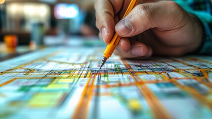 Detailed view of a transportation engineer sketching transit routes. 