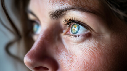 Close-up of a person's face, eyes looking off into the distance.