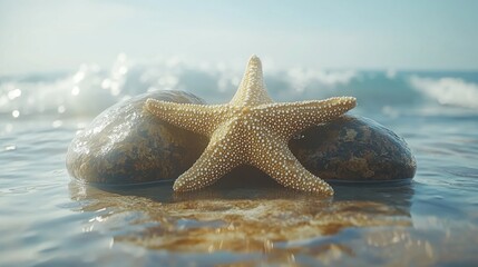 Starfish on rocks, ocean shore, tranquil scene, calming