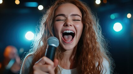 A young woman with curly hair joyfully sings into a microphone, surrounded by vibrant lighting, capturing the passion and excitement of a live performance with emotion.