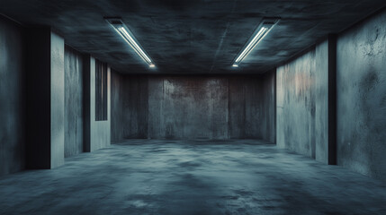 Dark Moody Concrete Room with Fluorescent Lighting Industrial Interior Empty Space