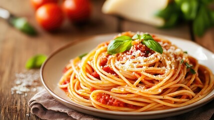 A delicious plate of spaghetti with tomato sauce, garnished with fresh basil and parmesan, served on a rustic table.
