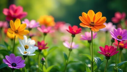 Fototapeta premium Colorful mixed-bloomed garden with columbines, , garden flowers