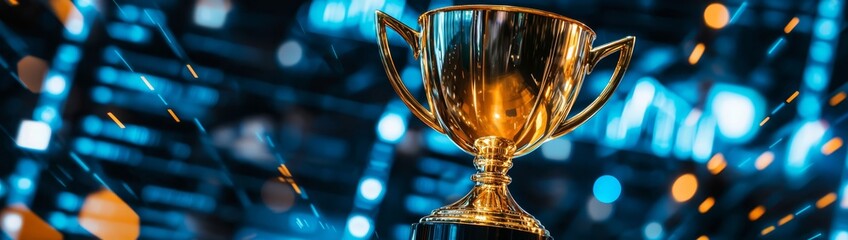 Elegant illustration of a gold trophy set in a backdrop of financial documents.