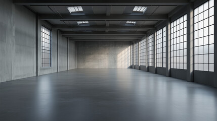 Spacious Industrial Loft Interior with Large Windows and Concrete Walls Sunlight Streaming In