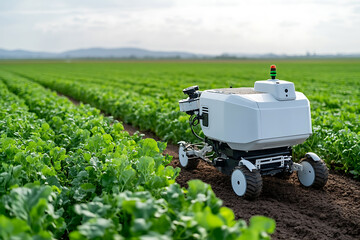 Automated agriculture: A robot harvests a field of crops, showcasing the future of farming with sustainable and efficient agricultural practices.