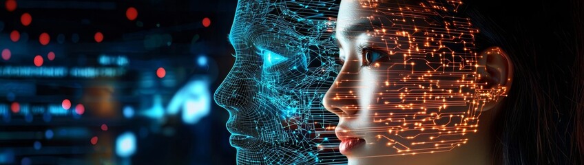 Visual representation of deepfakes as digital masks on human faces.