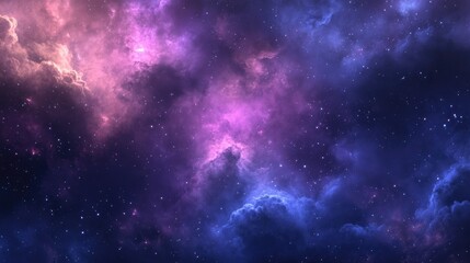 Naklejka premium A magical abstract night sky blending deep purples and blues, with soft clouds drifting under twinkling glowing stars