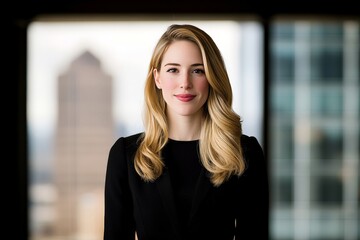 Fototapeta premium Blonde businesswoman in black blazer standing in office with city skyline behind her conveying success ambition and confidence in modern corporate setting professional portrait stock image