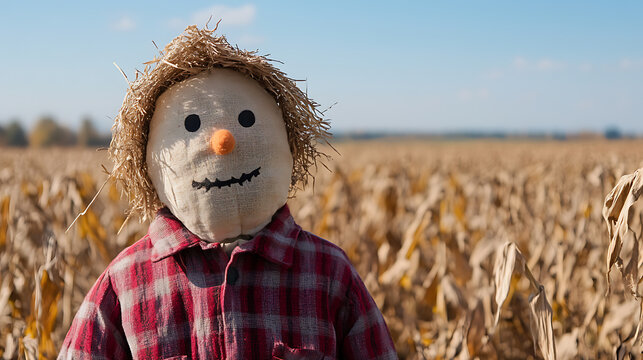 Harvest Guardian: A cheerful scarecrow stands guard in a sun-drenched field, its rustic charm a symbol of autumn and protection for the crops. - Powered by Adobe