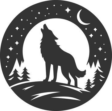 A wolf standing on a snowy hill, howling at the night sky animal vector silhouette