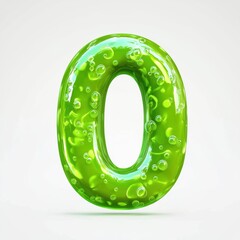 Number 0 made of glowing neon green slime with an eerie bioluminescent effect and smooth liquid texture isolated on a clean white background