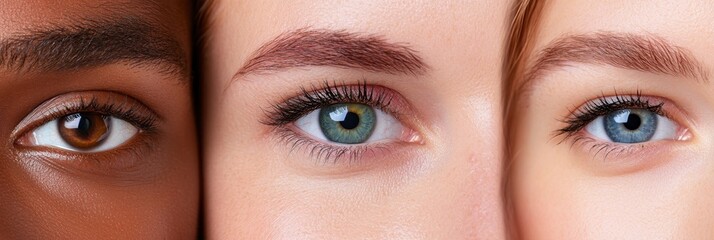 Close up view of three women's eyes, showcasing diverse skin tones and eye colors brown, green, and blue.  The image emphasizes natural beauty and