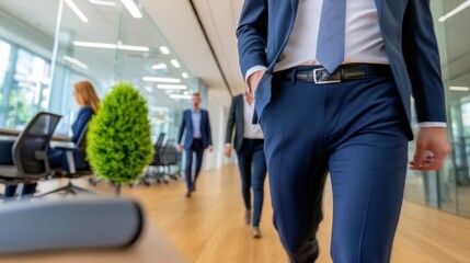 Fototapeta premium A businessman in a navy blue suit walks through a modern office, colleagues are visible in the background. Light wood floors and glass partitions
