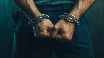 Police arrests a criminal or detains a crime suspect. Officer restrains man's hands with handcuffs to escort him to a detention center for unlawful behavior, or robbery. Wrists in cuffs closeup, fight
