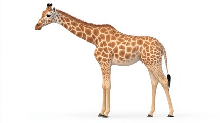 Obraz premium A giraffe standing against a white background. The giraffe is brown and yellow with dark brown spots. It is looking to the left