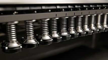 A detailed close-up view of a complex machine showcasing various intricate metal components and parts.