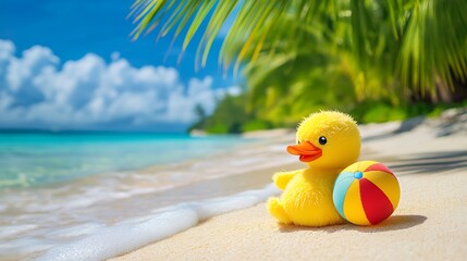 A soft stuffed duck with beach ball lying on a bright tropical beach