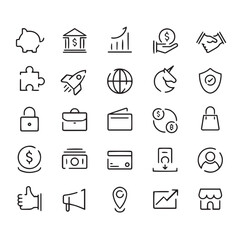A set of black and white financial icons in a modern, minimalistic line art style. The icons depict various financial concepts, including cash transactions, online banking, investment growth