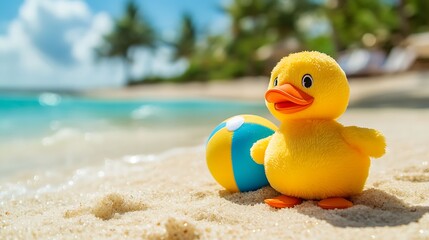 A soft stuffed duck with beach ball lying on a bright tropical beach