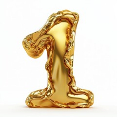 Number 1 made of flowing molten gold with reflective metallic shine isolated on a clean white background